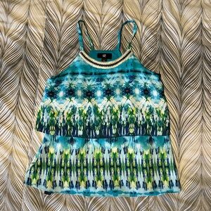 Womens XS Blue and green boho patterned tank top with a cute beaded neckline